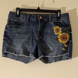 Kensie Blue Jean Shorts with Sunflower Embroidery
